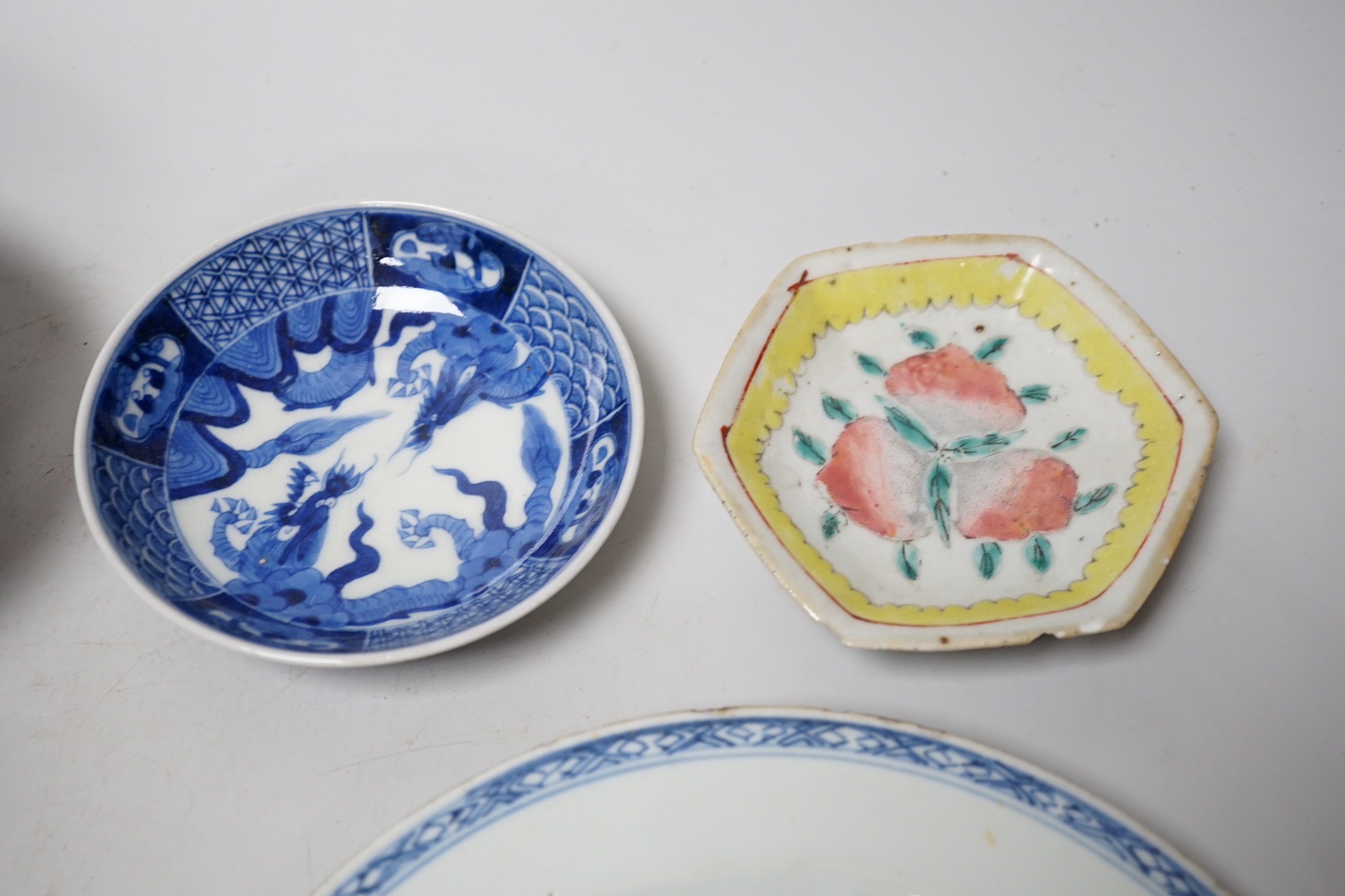 Two 18th century Chinese export plates and four Chinese bowls/dishes, largest 22cm diameter